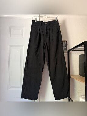 L.F. MARKEY black cotton denim pleated high rise wide straight barrel jeans